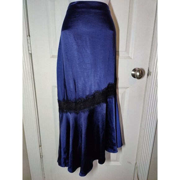 ryegrass Dresses & Skirts - Ryegrass Navy Blue Silky Satin Asymmetric Hem Lace Accent Midi/Maxi Skirt 14 NWT